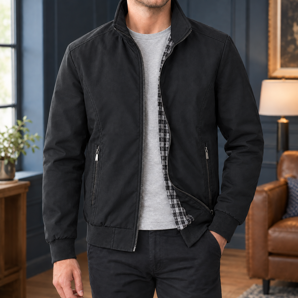 Close-up of the jacket's stand collar and smooth front zipper