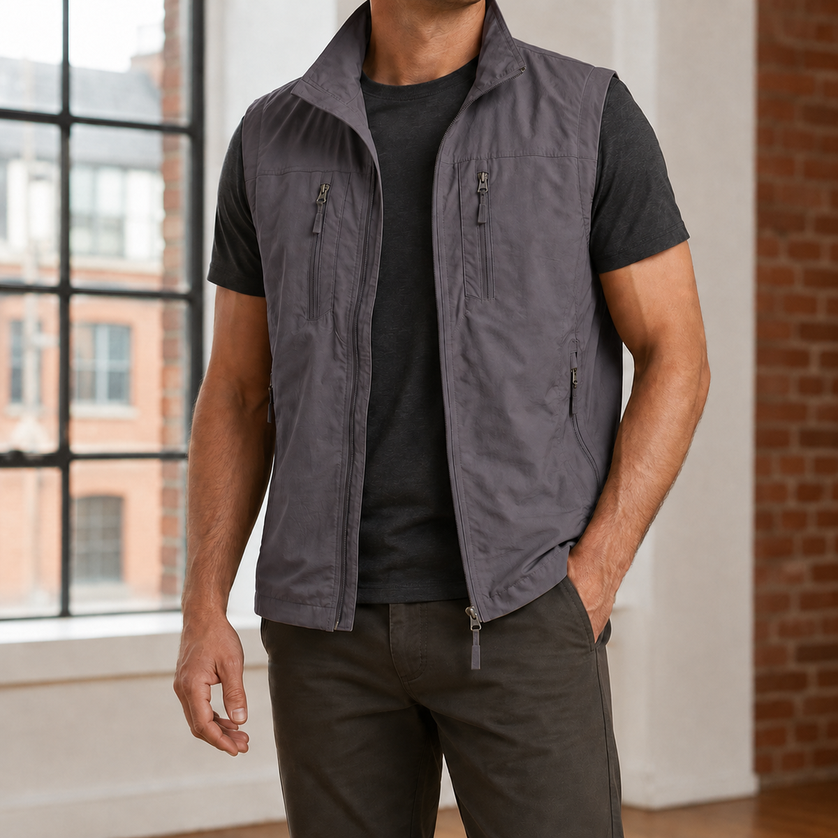 Side view showing the lightweight construction of the utility vest