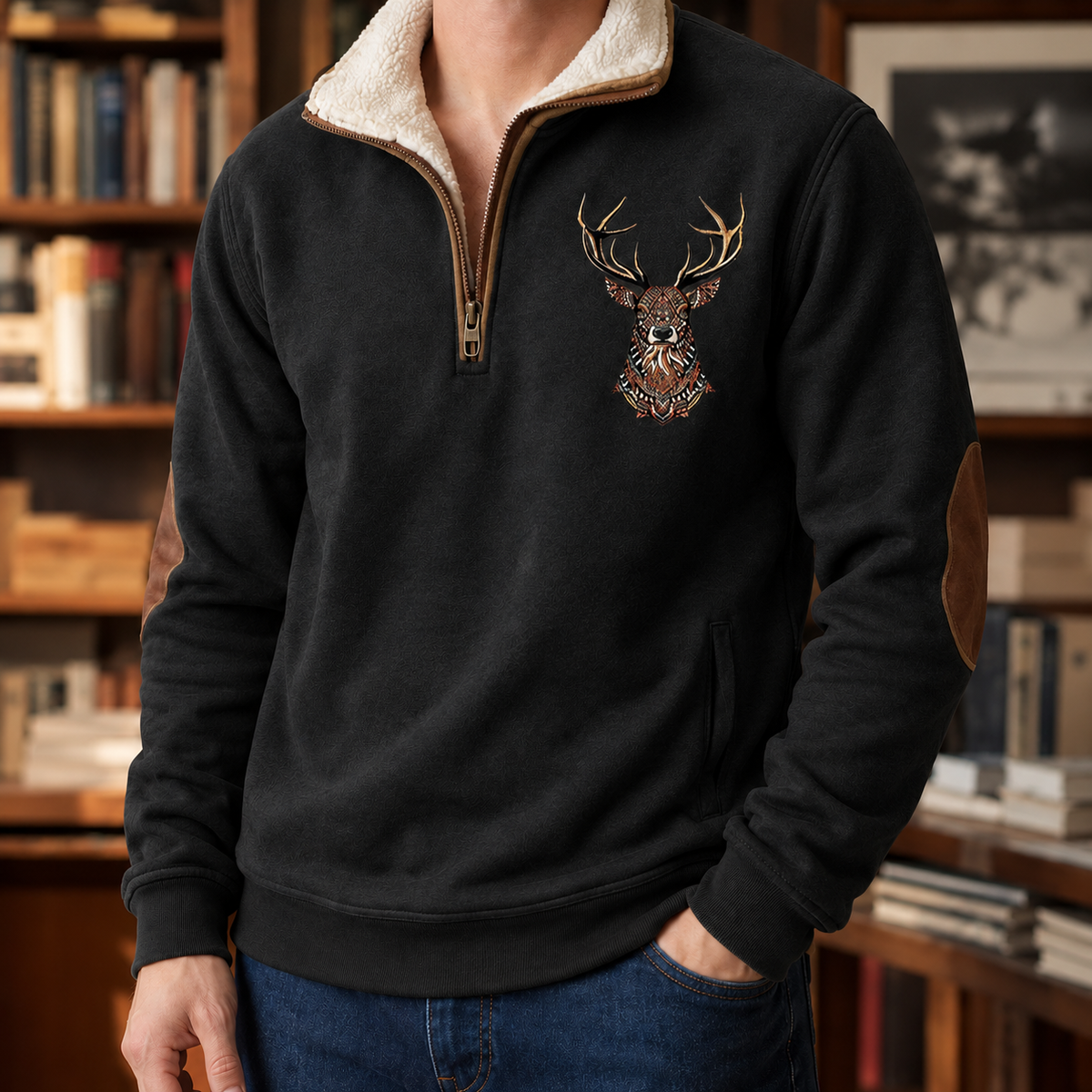 Front view of a men's knit sweater featuring a deer motif