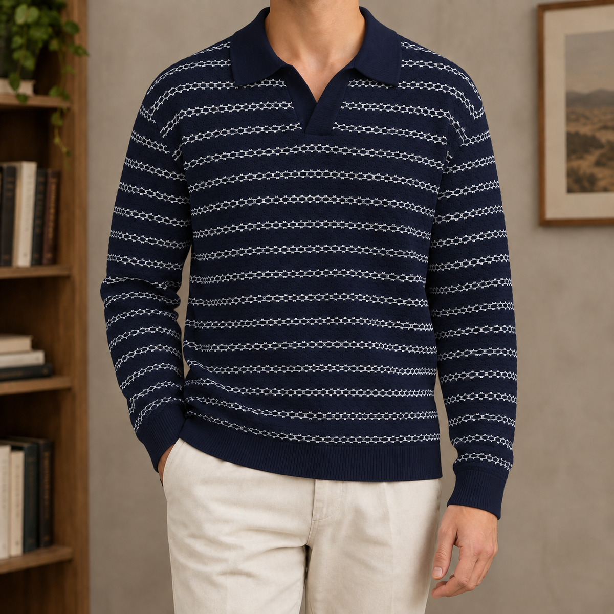 Linen Blend Open Collar Knit Polo