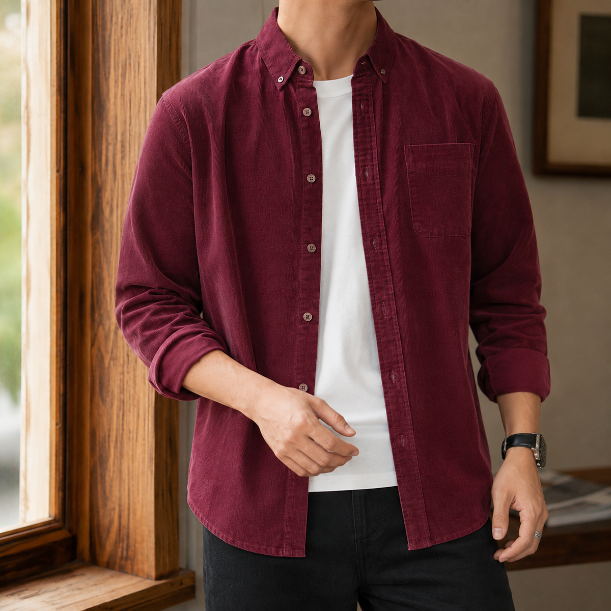 Detail view of the relaxed overshirt's front and collar