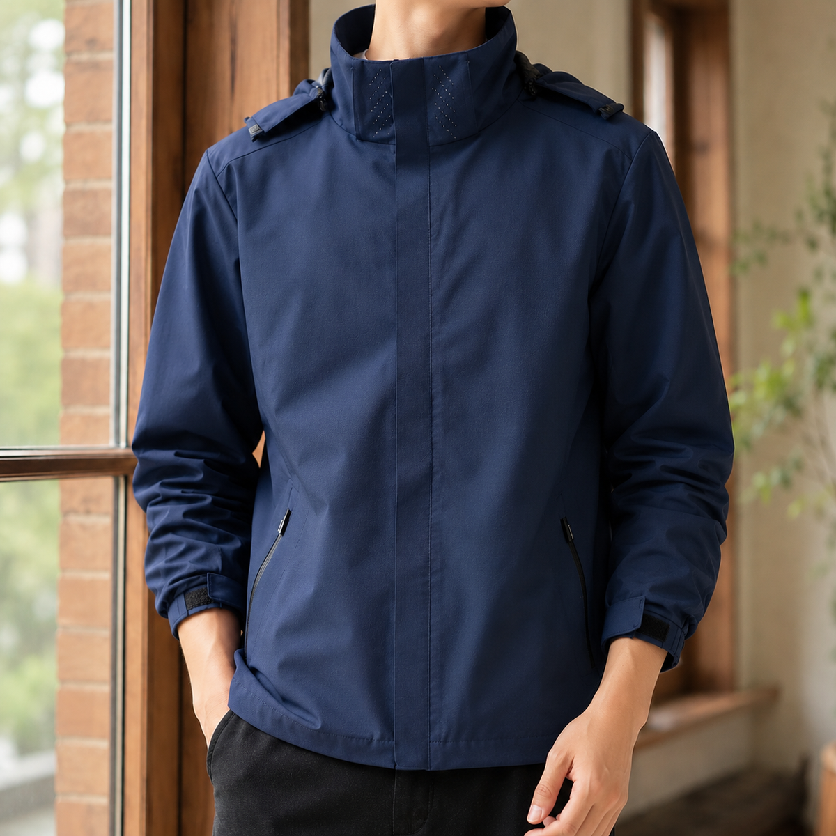Back view of the hooded woven jacket with attached hood