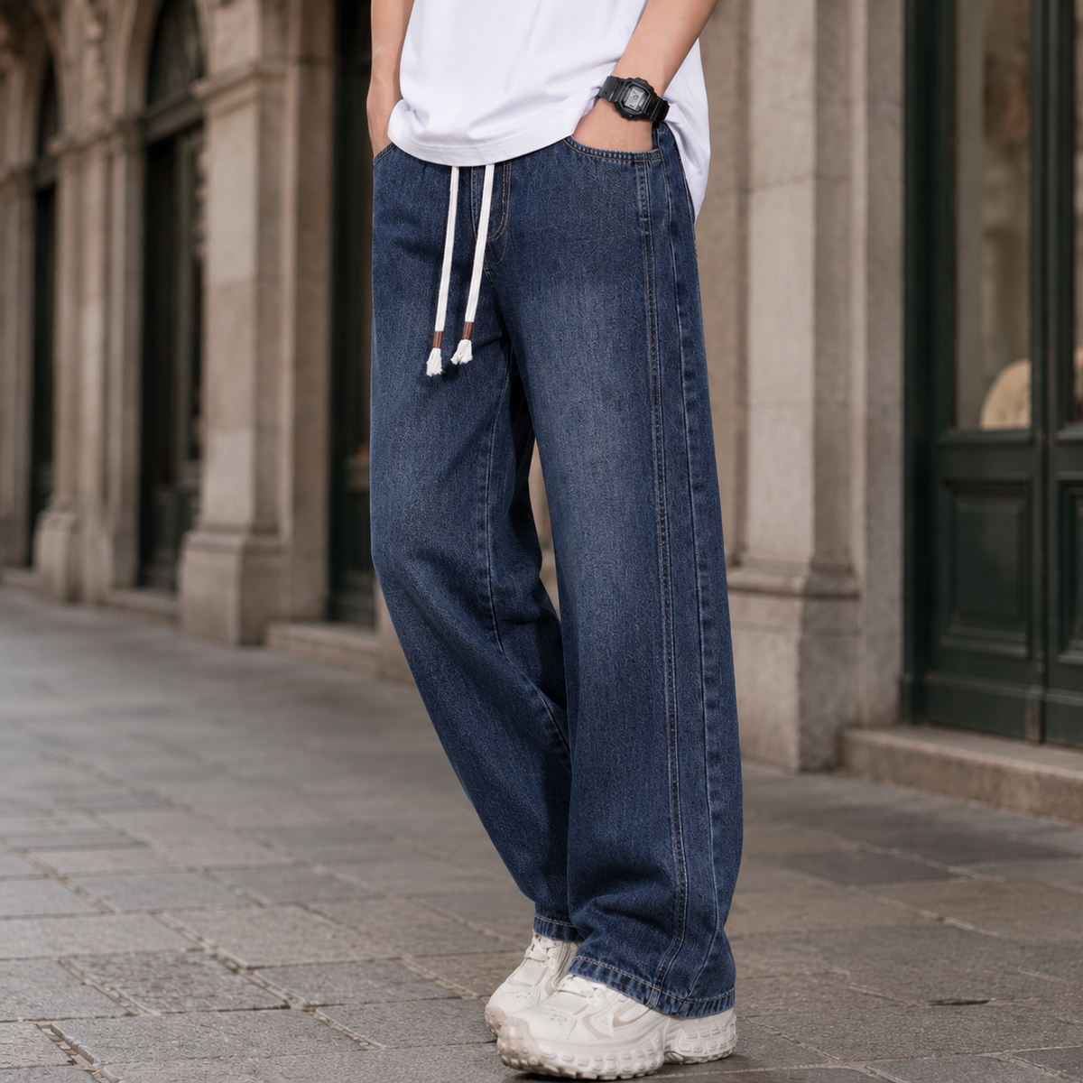 Side view of relaxed wide leg jeans with a wide leg silhouette