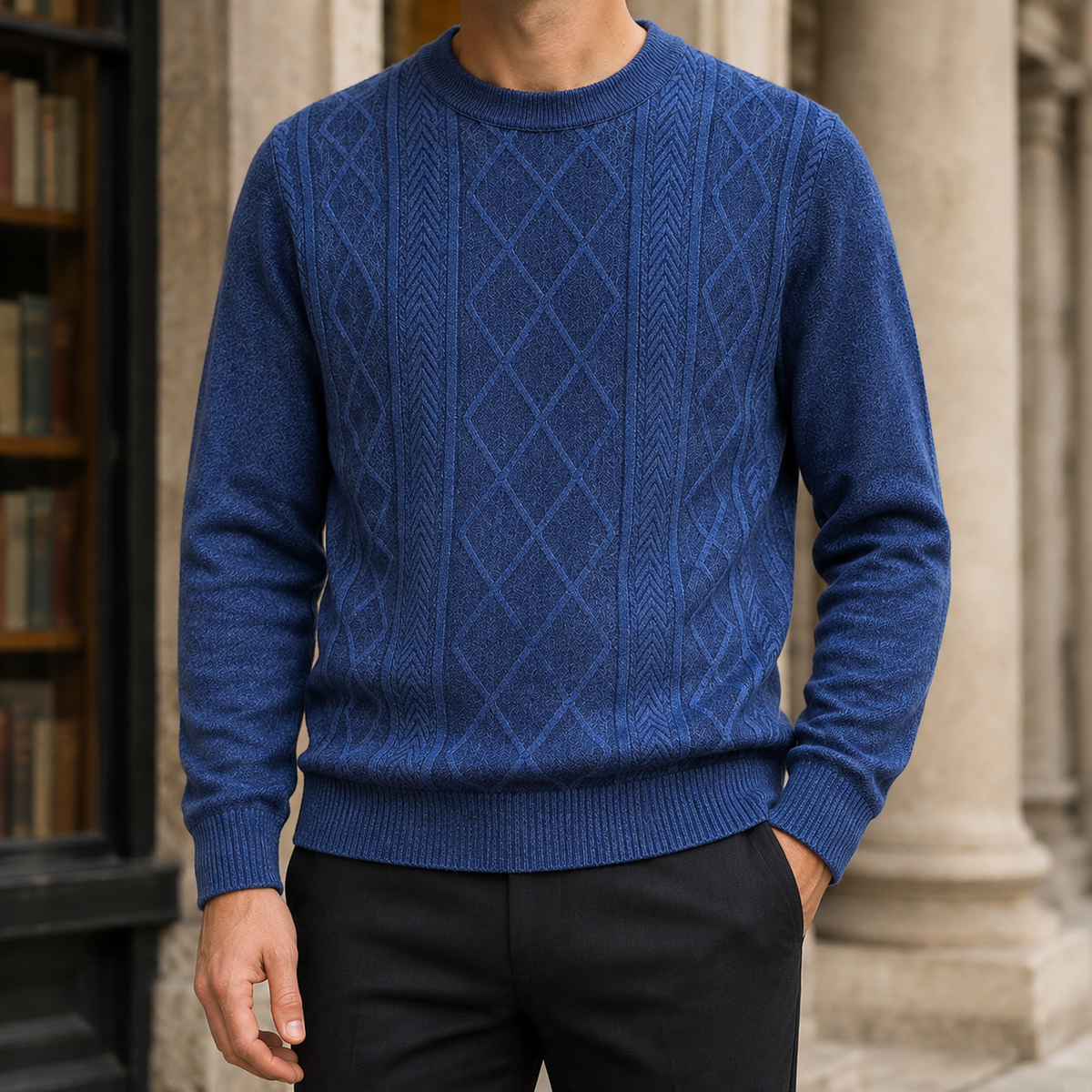 Side view of the textured knit crew neck sweater