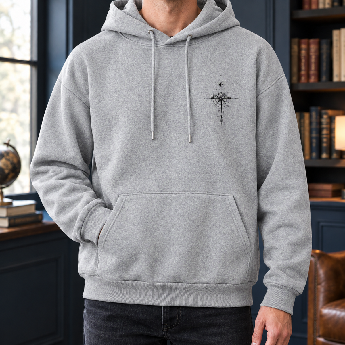 Side view of a cotton blend graphic hoodie