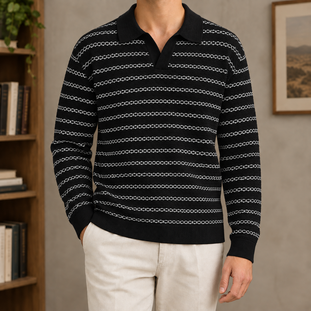 Linen Blend Open Collar Knit Polo