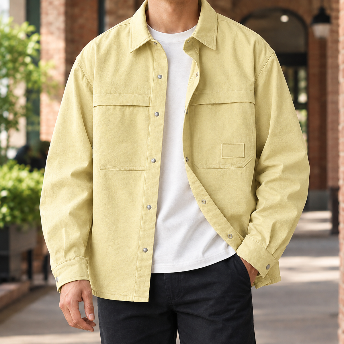 Back view of a relaxed men's utility overshirt