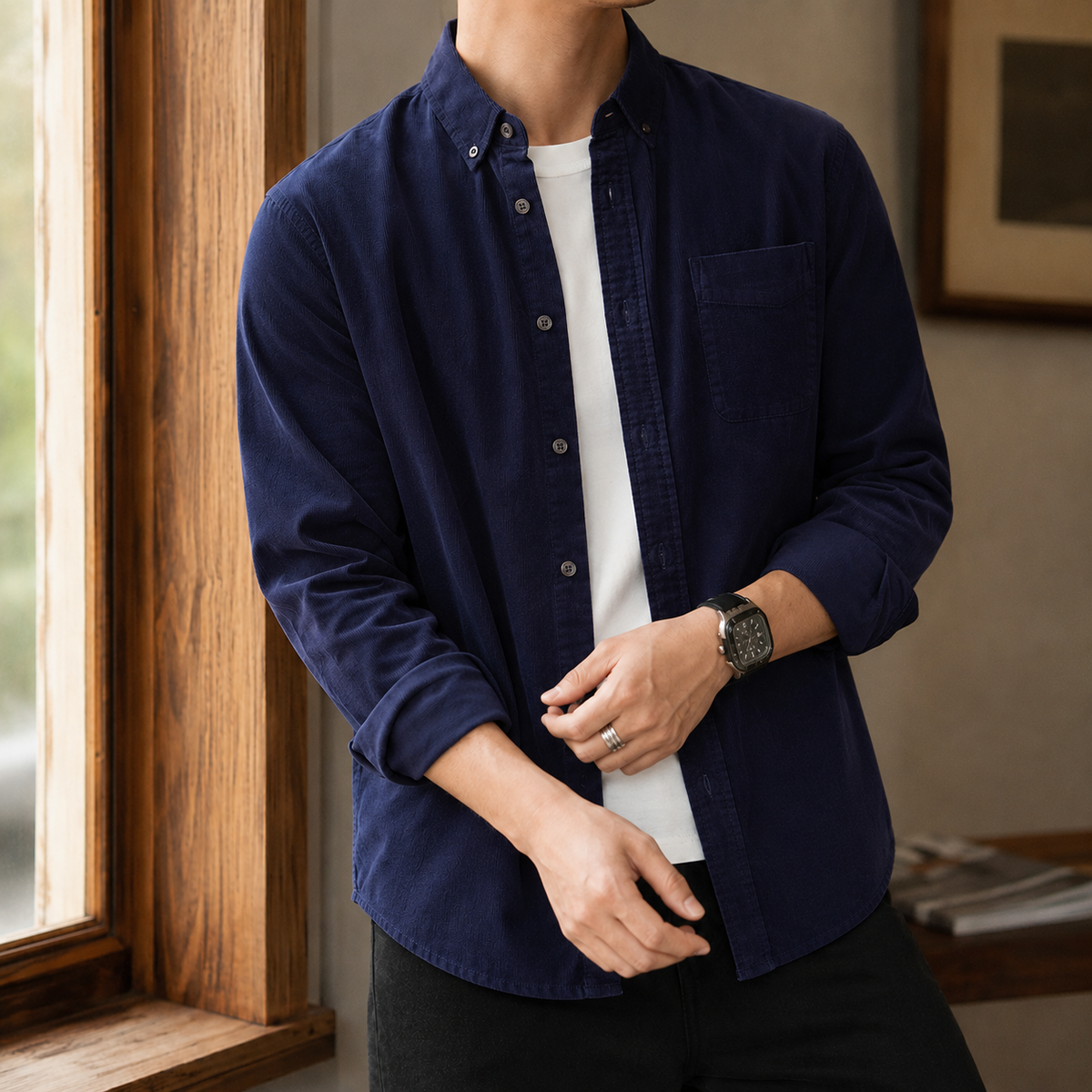 Styled view of the textured woven overshirt for casual layering