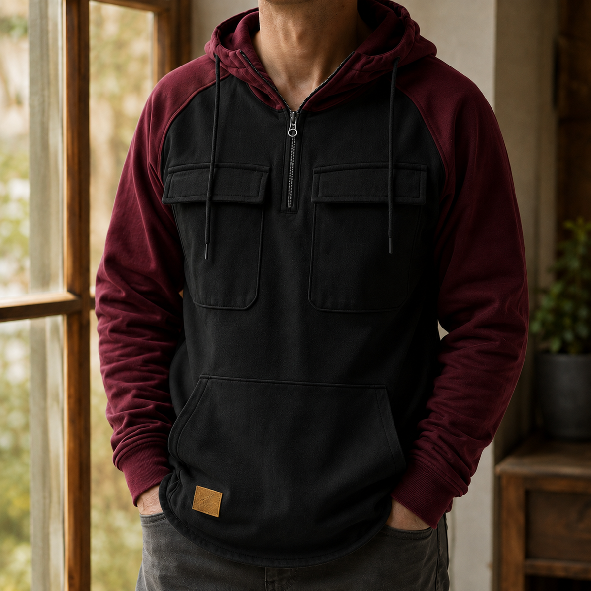 Gray utility hoodie showing its hood and long sleeves