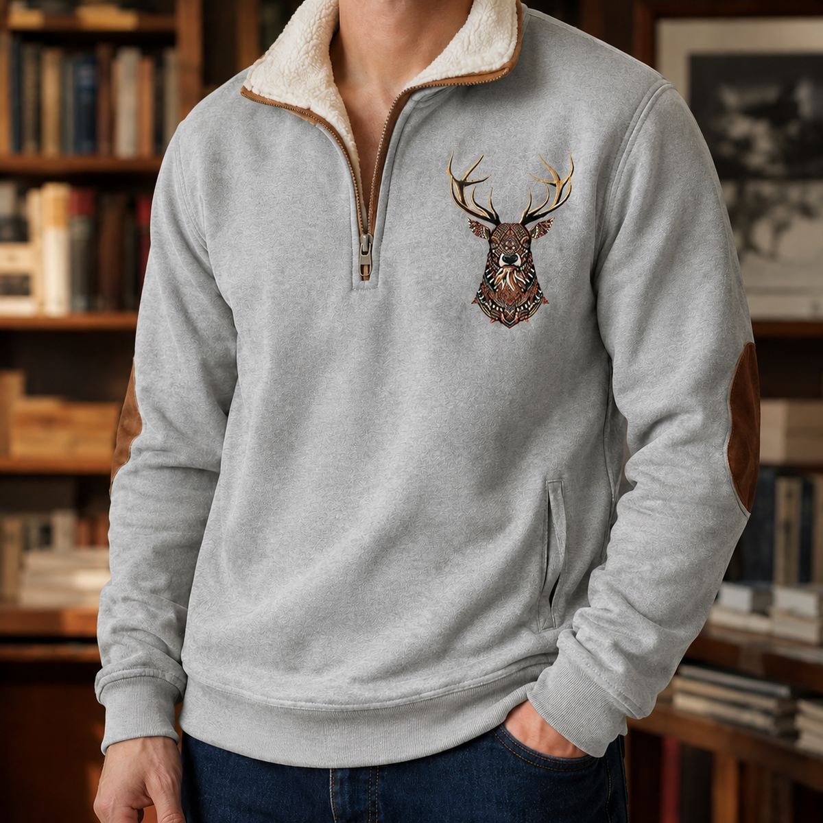 Men's quarter zip sweater styled as a cozy casual layering piece