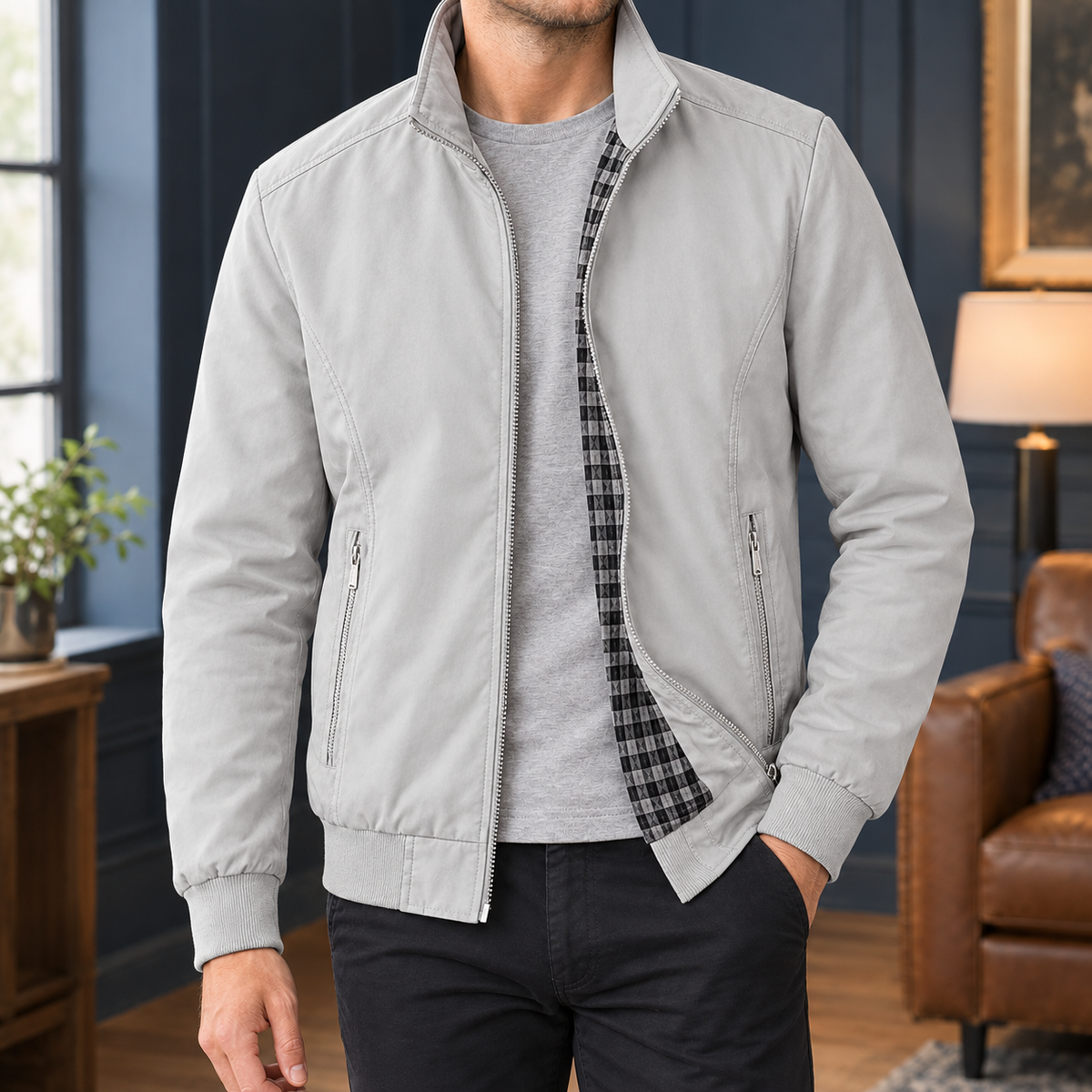Stand Collar Zip Front Woven Jacket