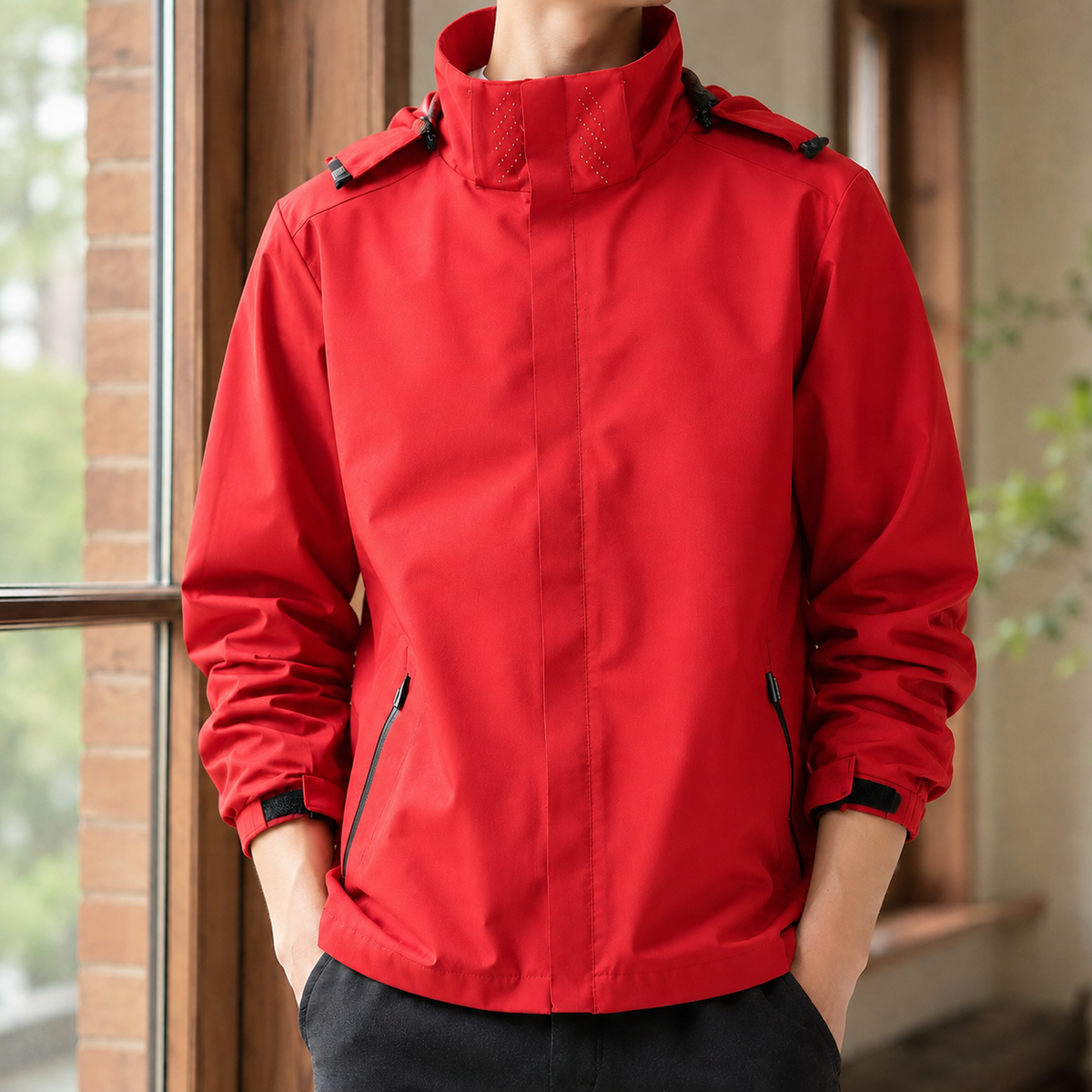 Detail view of the woven fabric and high collar