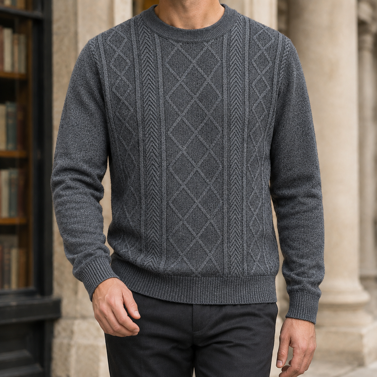Textured knit sweater styled as an everyday layering piece