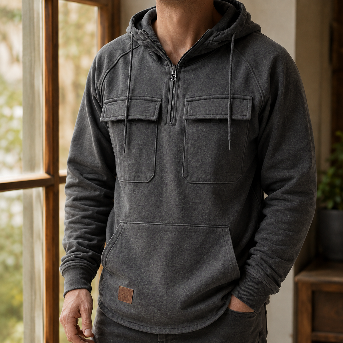 Gray cotton blend utility hoodie styled for casual everyday wear