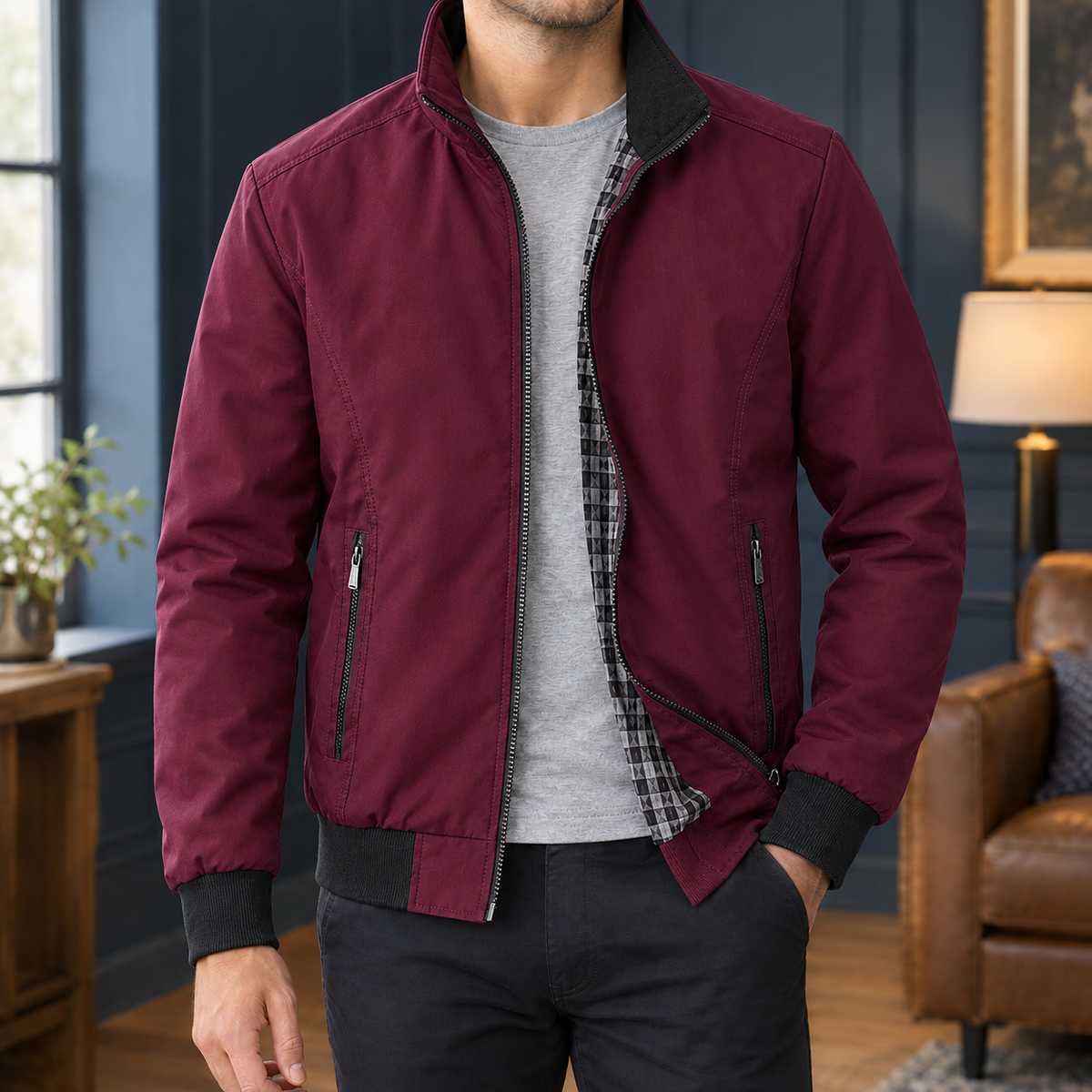 Detailed view of the jacket's front pockets and zip closure