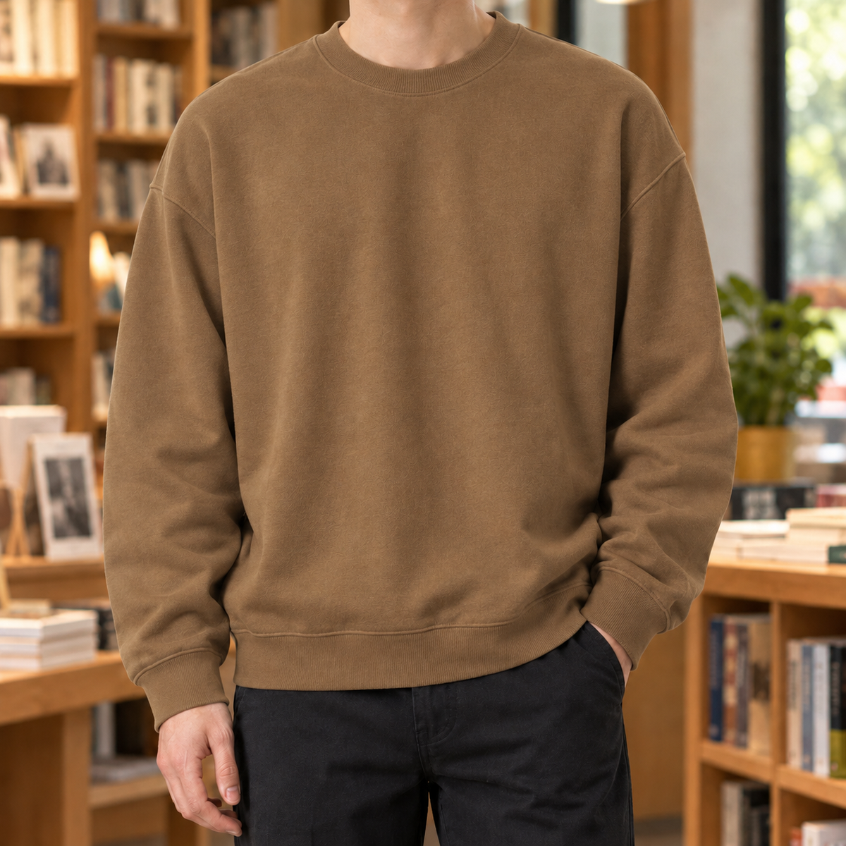 Cotton blend crew neck sweater styled for casual everyday wear