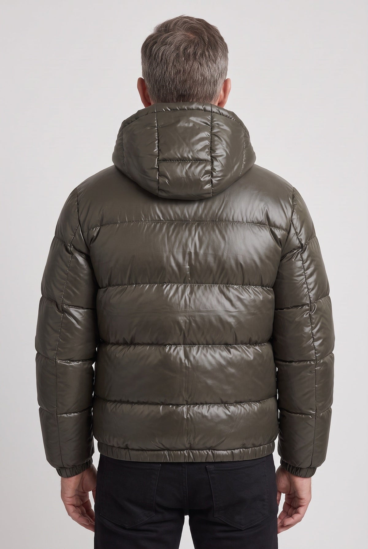 Hood detail on a men's hooded quilted winter jacket