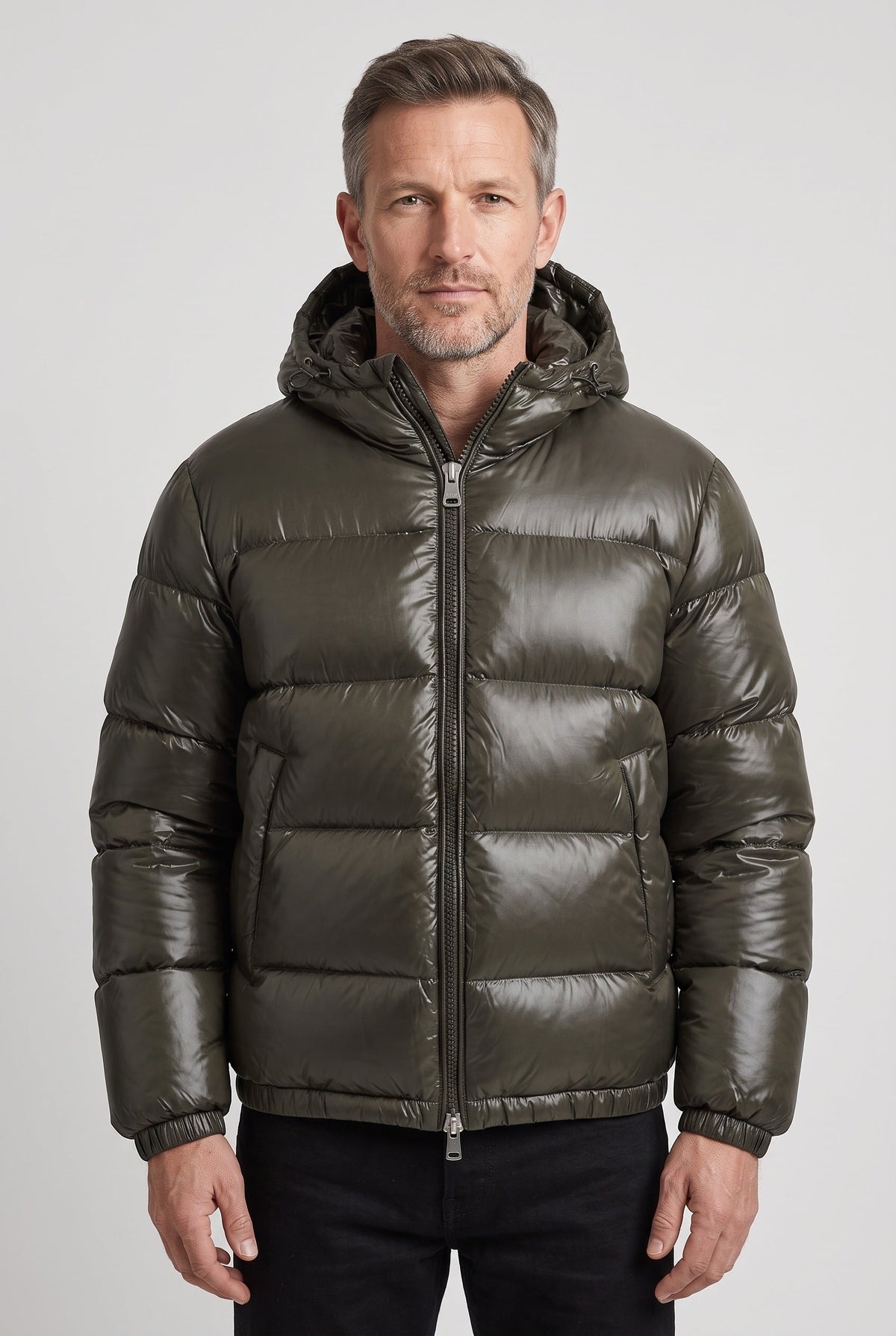 Men's hooded quilted winter jacket shown from the front