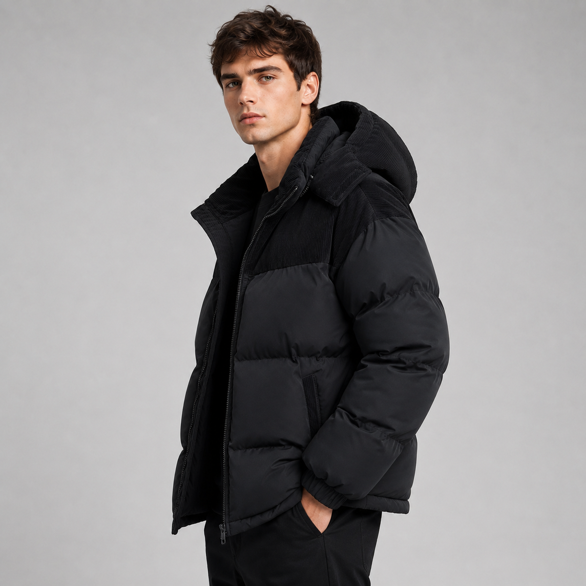 Close-up of the hood on the oversized quilted jacket