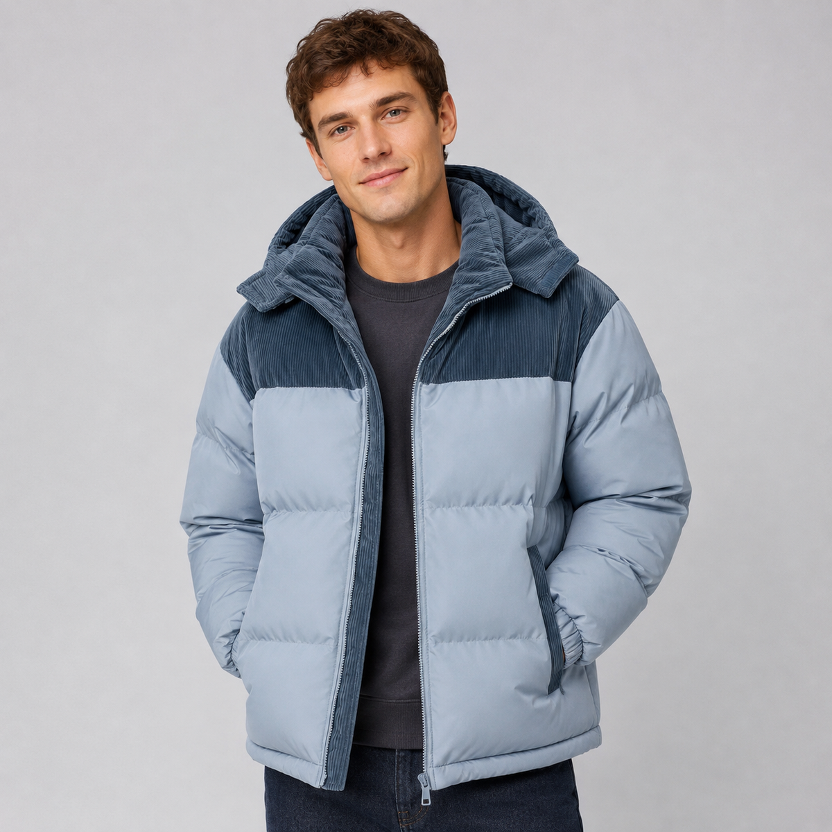 Back view of the men's oversized quilted jacket