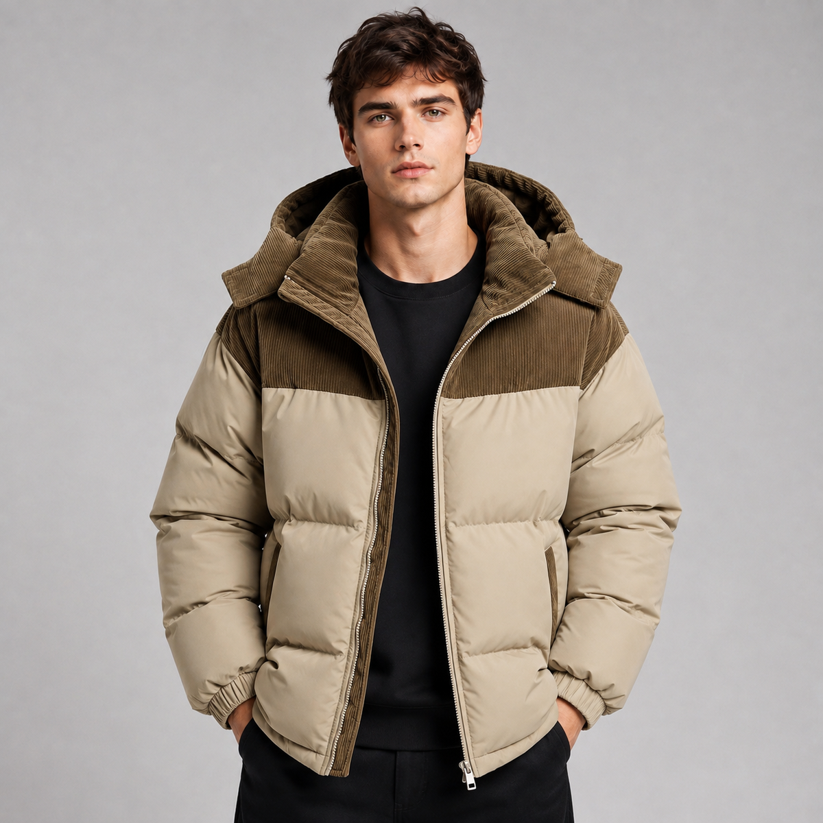 Men's oversized quilted jacket featuring a spacious hood