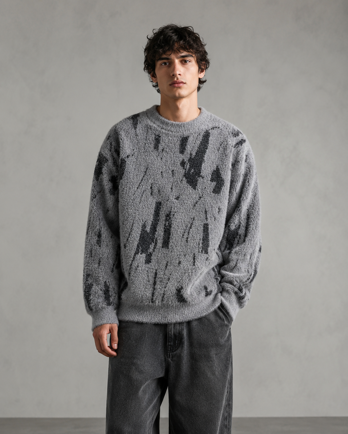 Men's Abstract Knit Sweater With Fuzzy Relaxed Fit