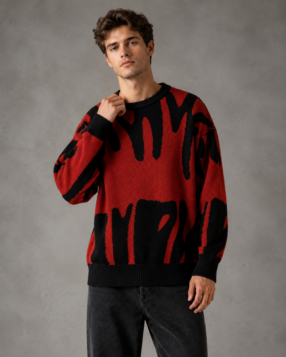 Men's abstract knit drop shoulder sweater shown from the front
