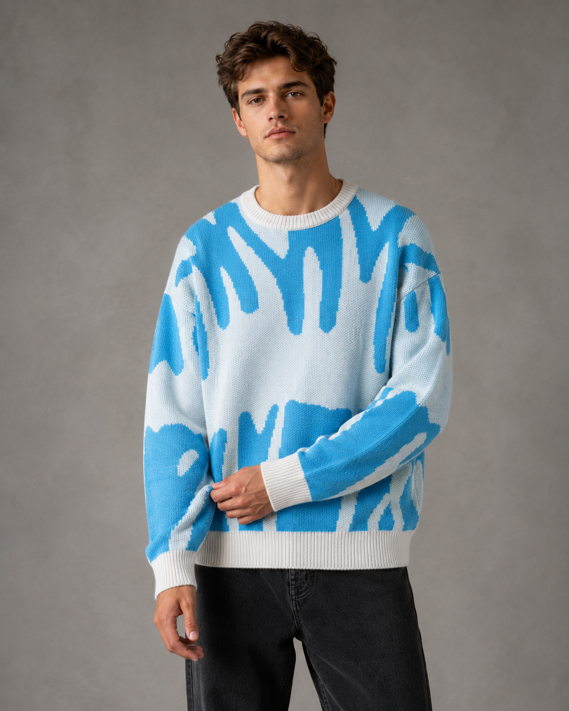 Men's abstract sweater paired with casual bottoms for everyday wear