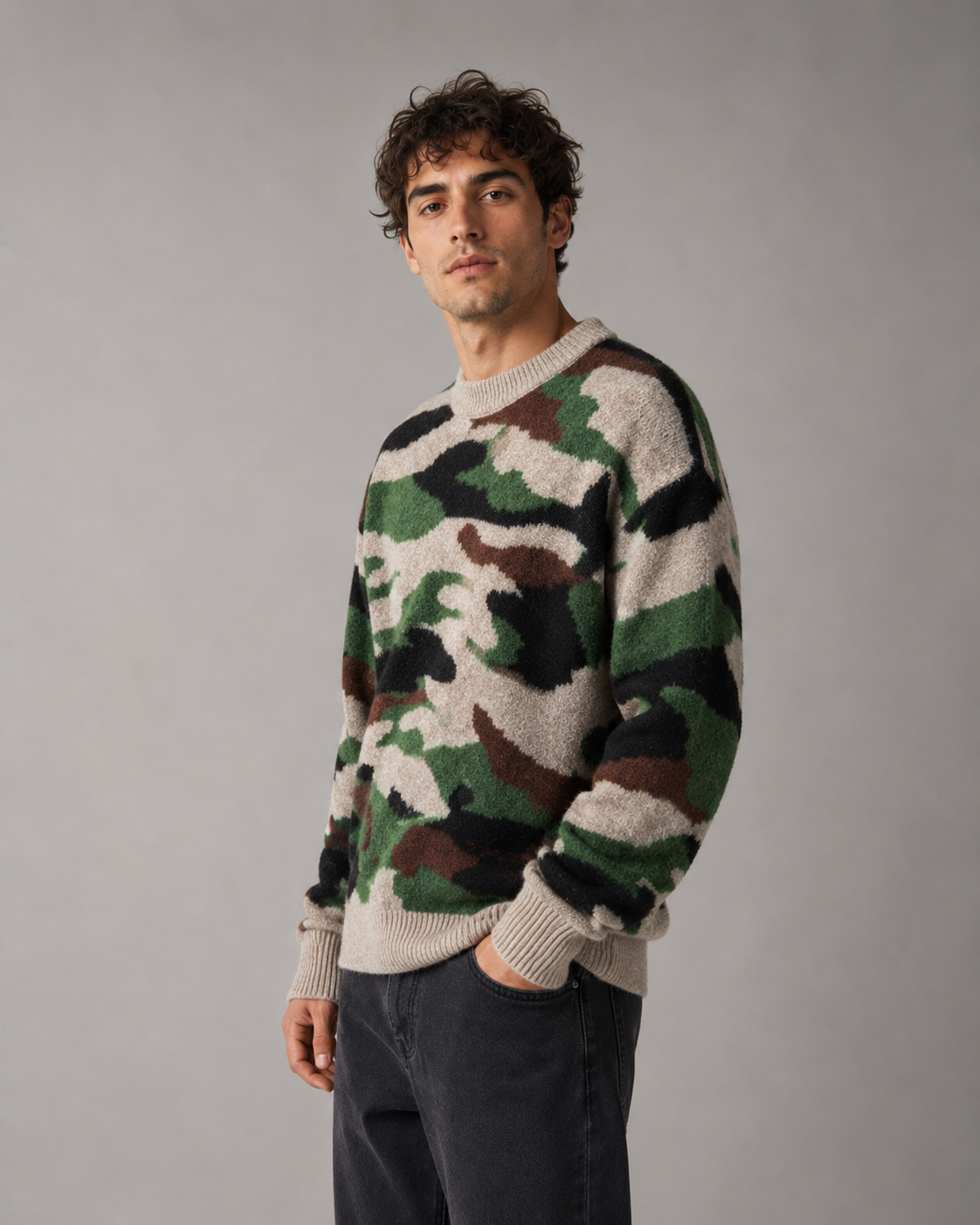 Front view of a men's camo knit crew neck sweater