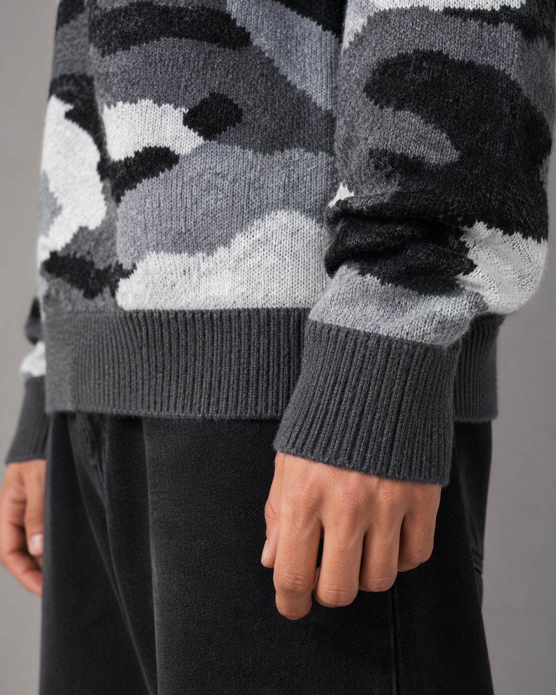 Close-up of the knit texture on a men's camo sweater