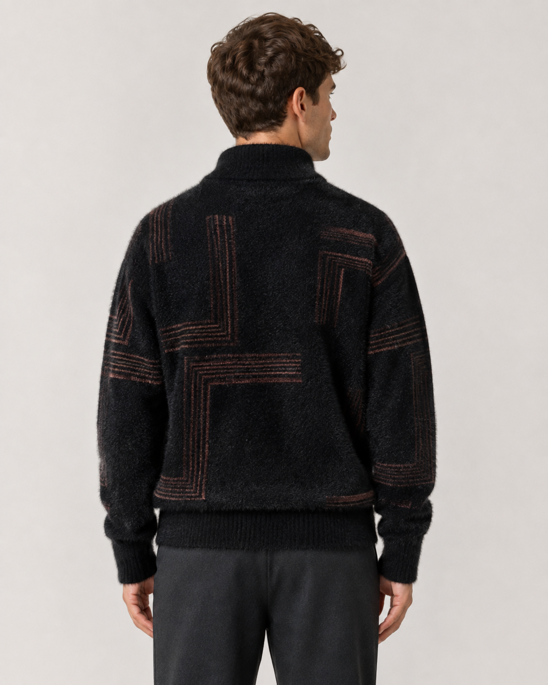 Front view of a men's relaxed-fit geometric knit sweater