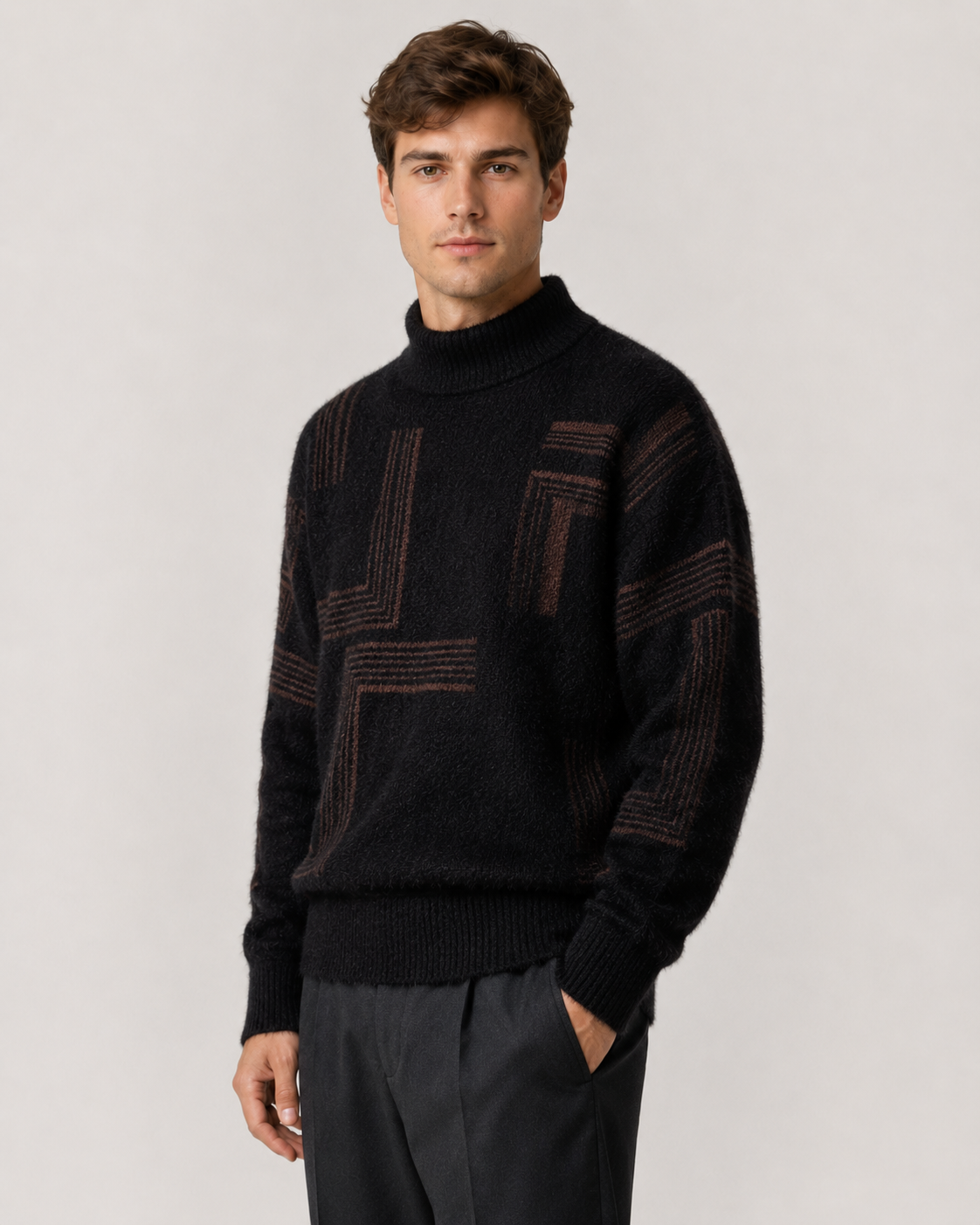Men's geometric fluffy knit sweater with a funnel neck