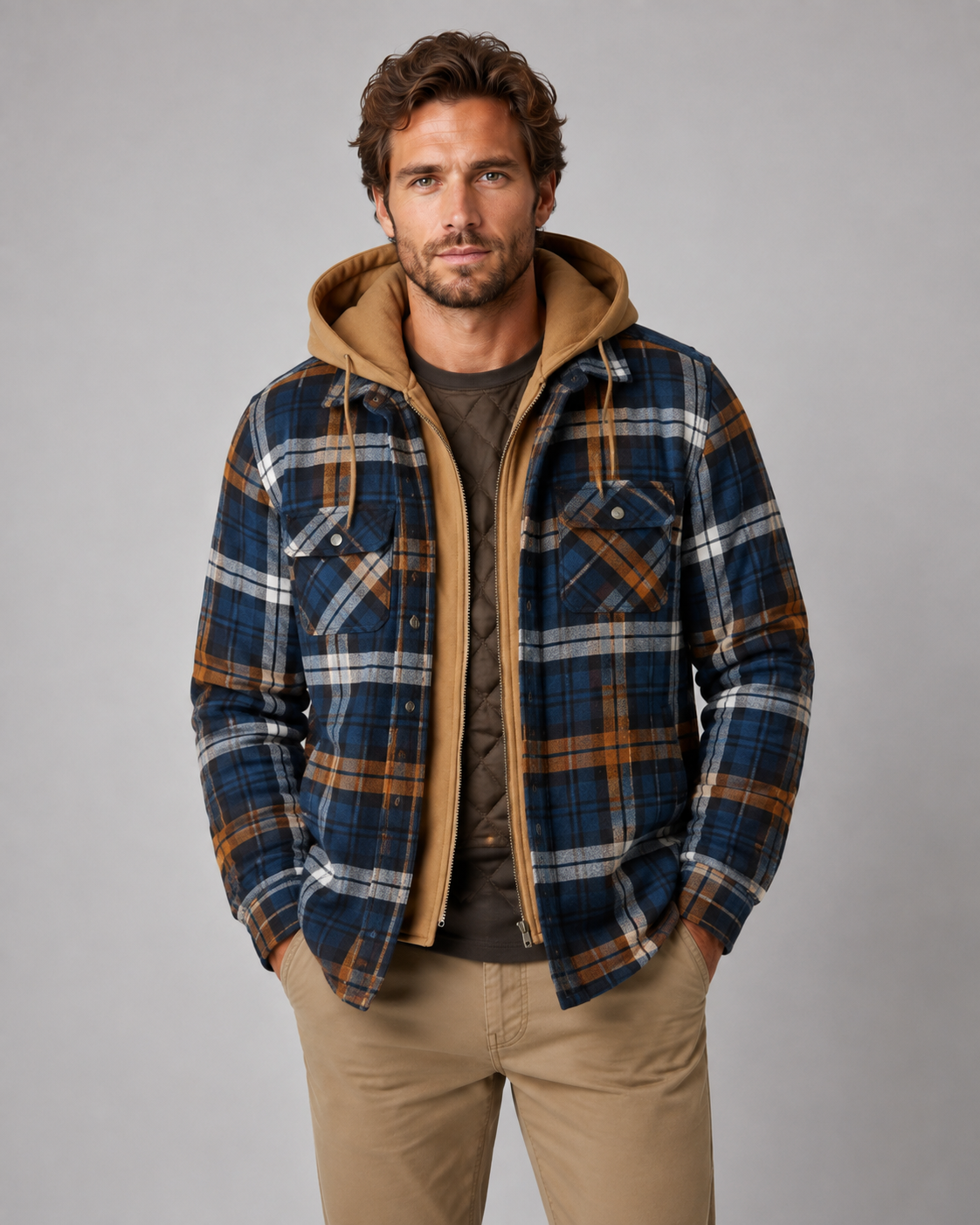 Men's hooded plaid shacket with quilted lining and zip front