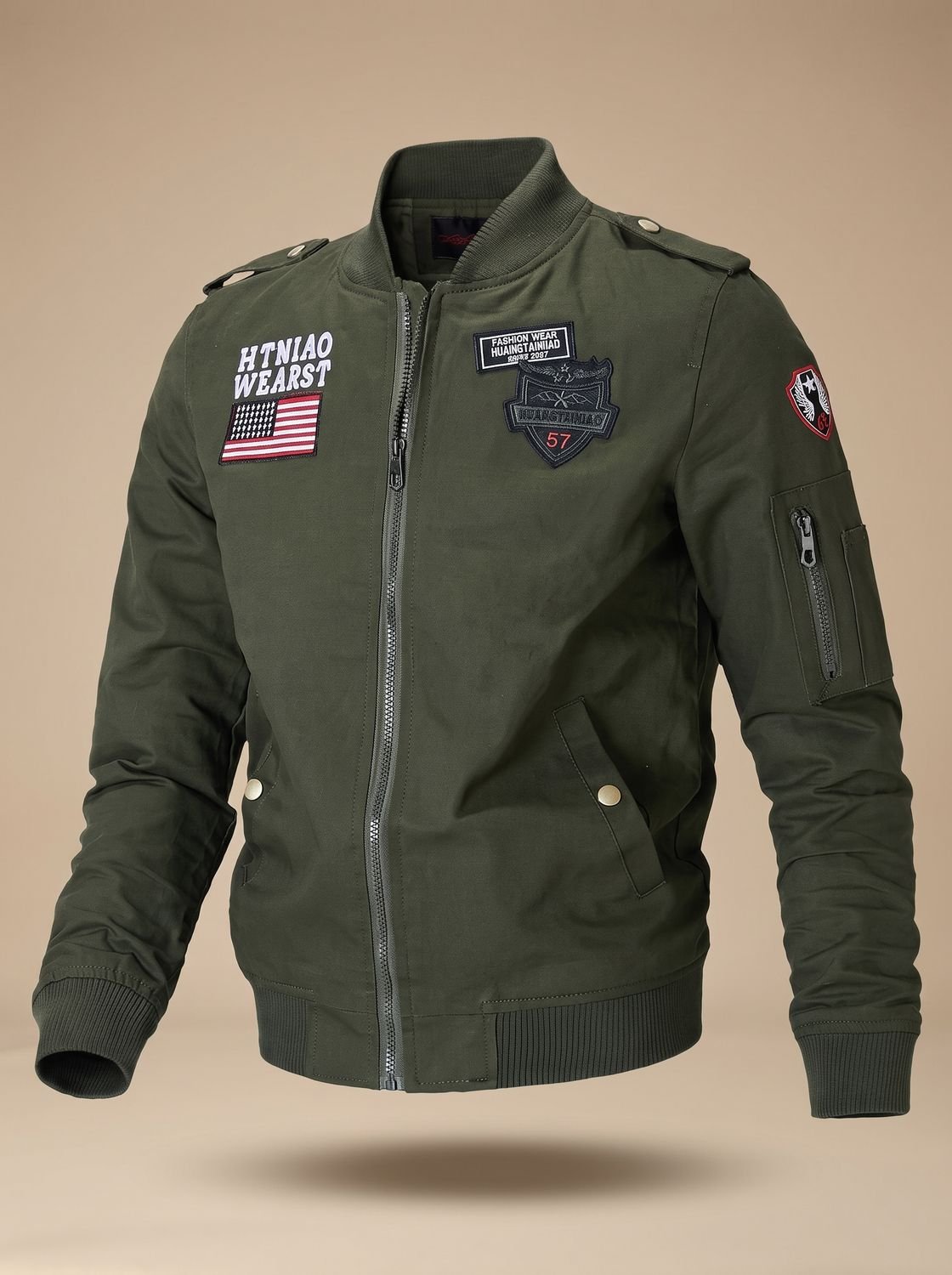 Men's bomber jacket featuring military-inspired patches