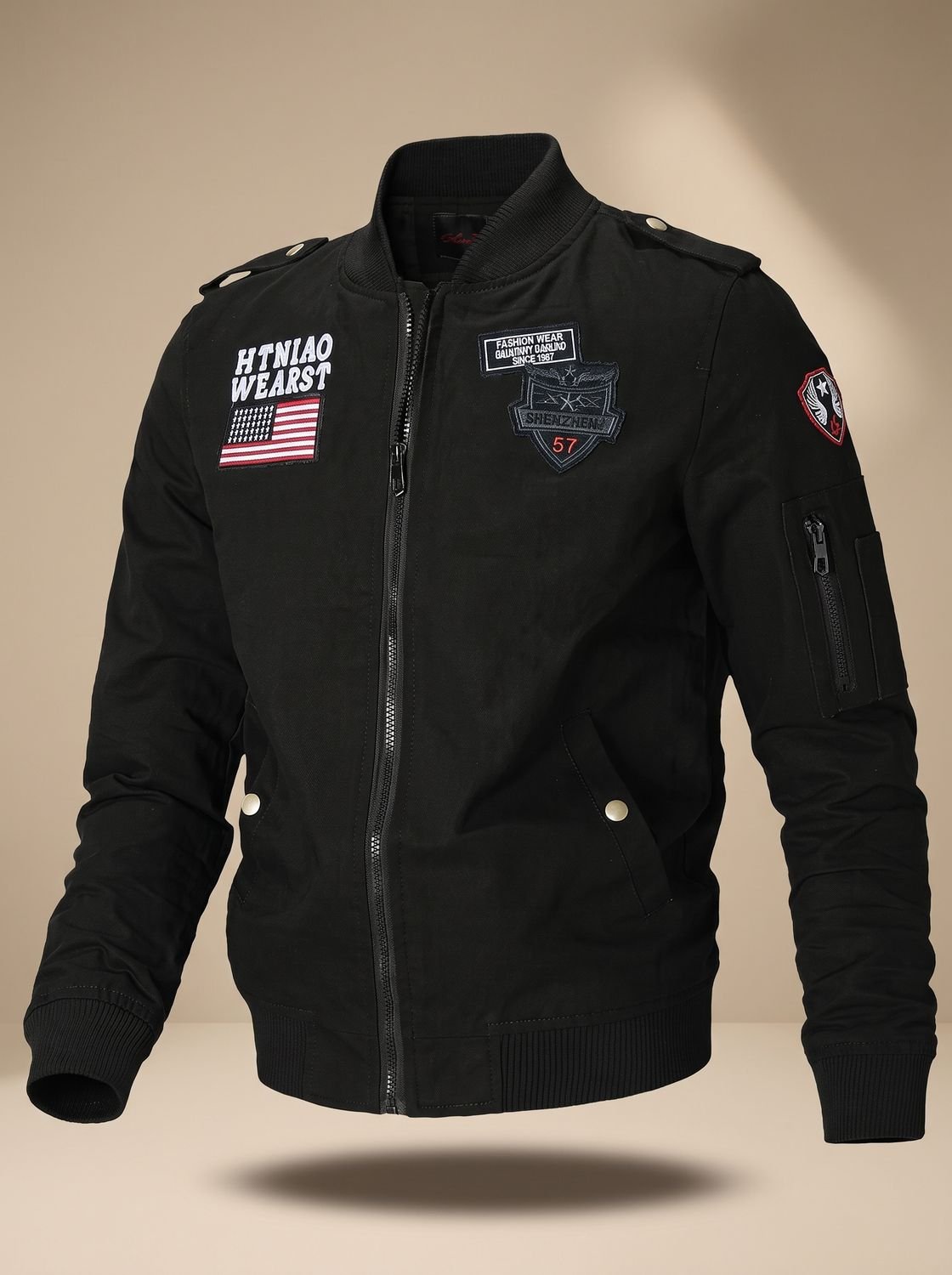 Close-up of the bomber jacket's military patch detail