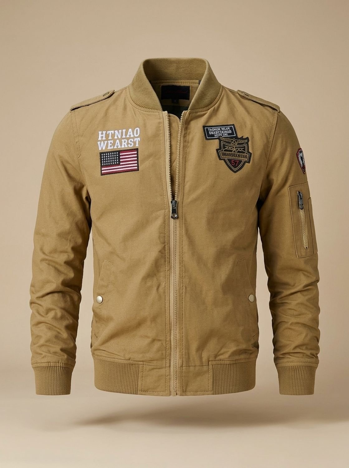 Zip-up front of a men's military bomber jacket