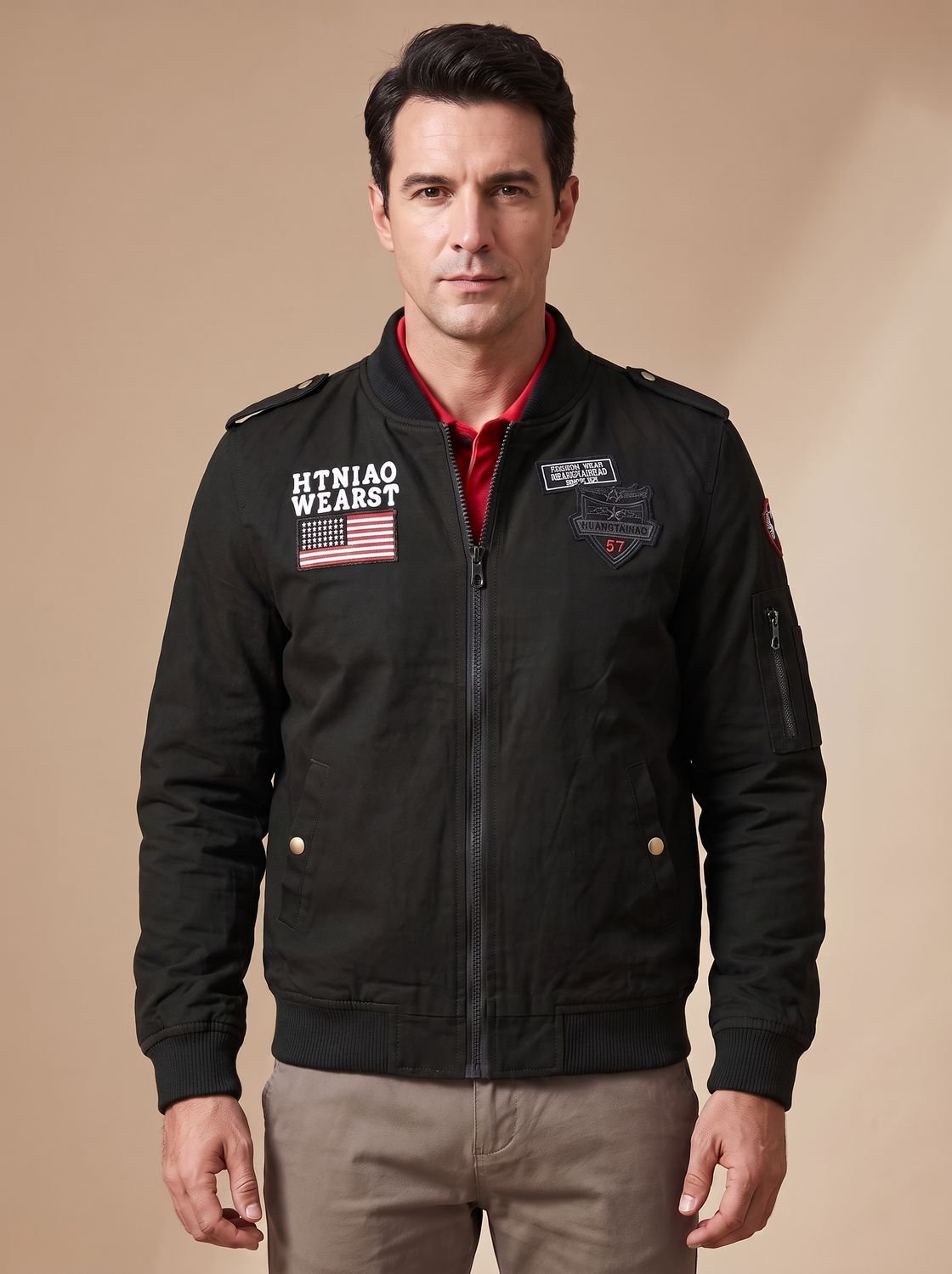 Men's Military Patch Zip Up Bomber Jacket