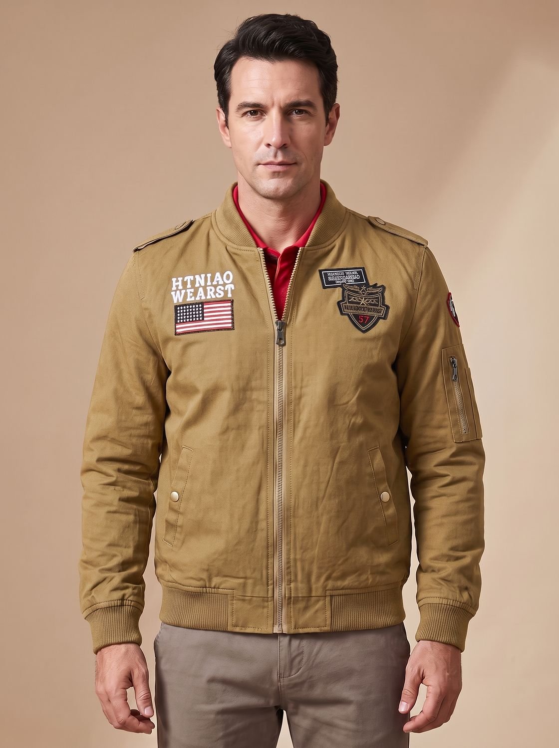 Back view of the men's military patch bomber jacket