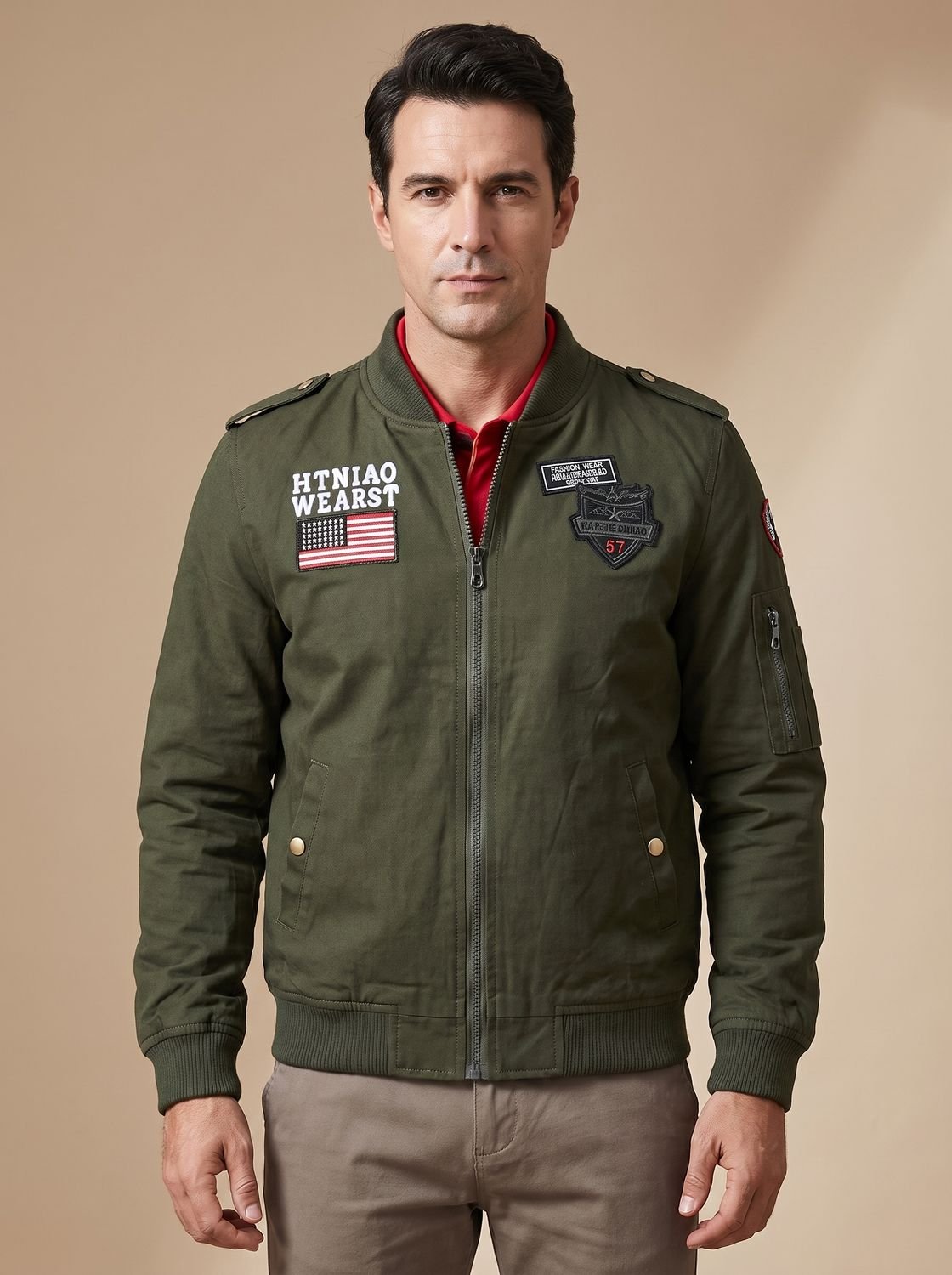 Men's Military Patch Zip Up Bomber Jacket