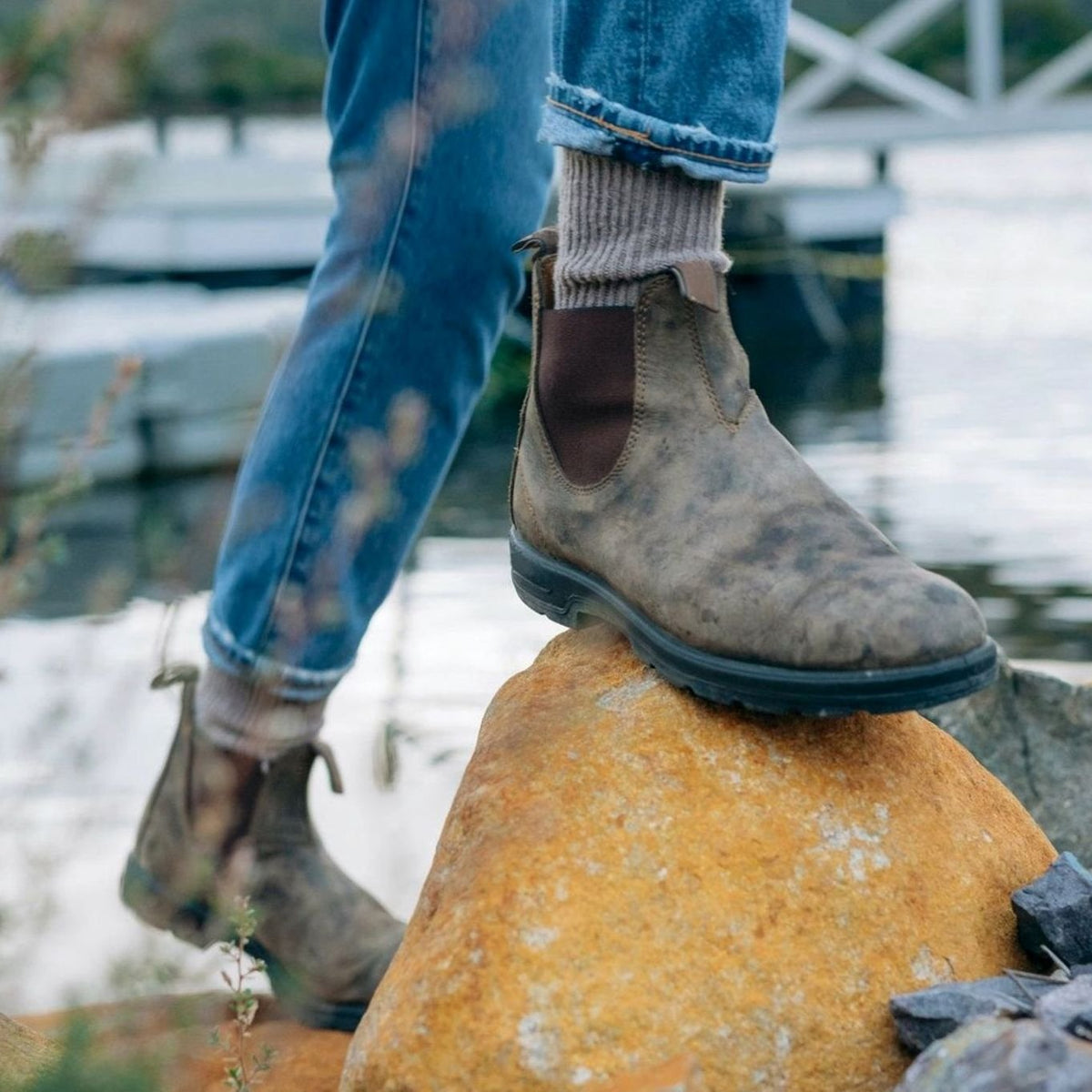 Men's premium leather Chelsea boots with pull tabs shown from the side