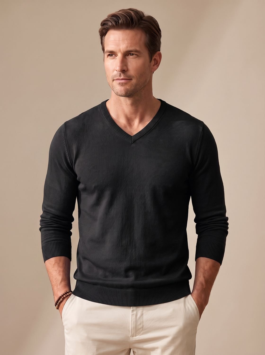 Close-up of the soft fine-knit texture on a men's sweater