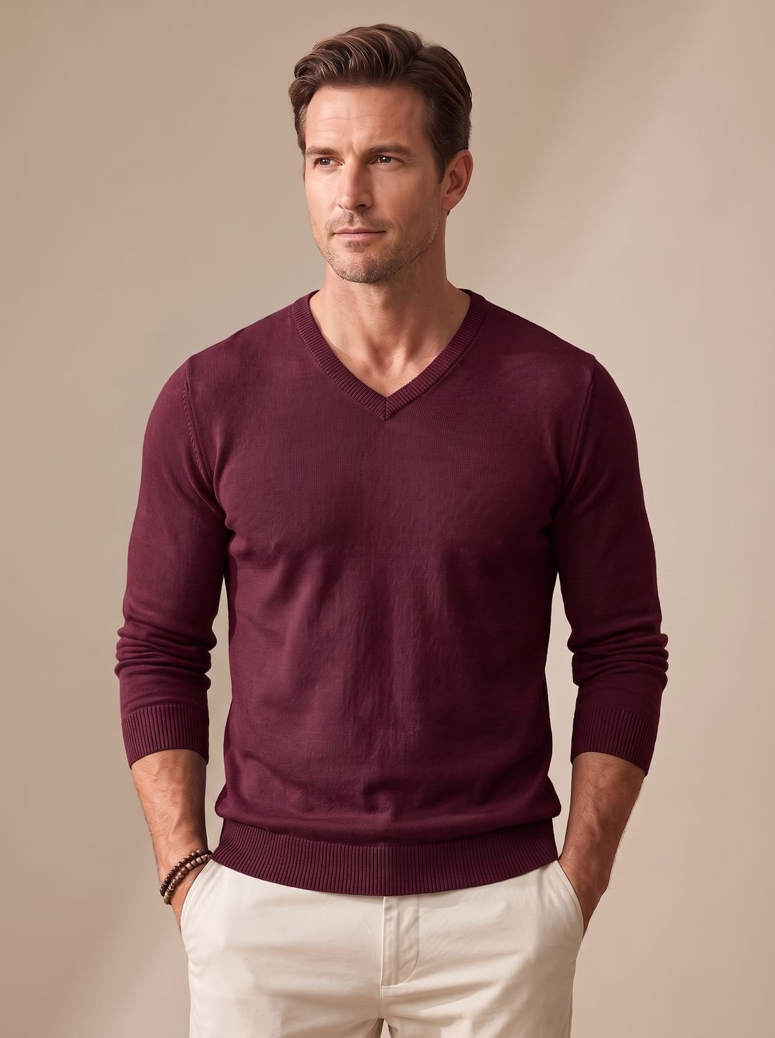 Side view of a men's V-neck stretch-knit sweater