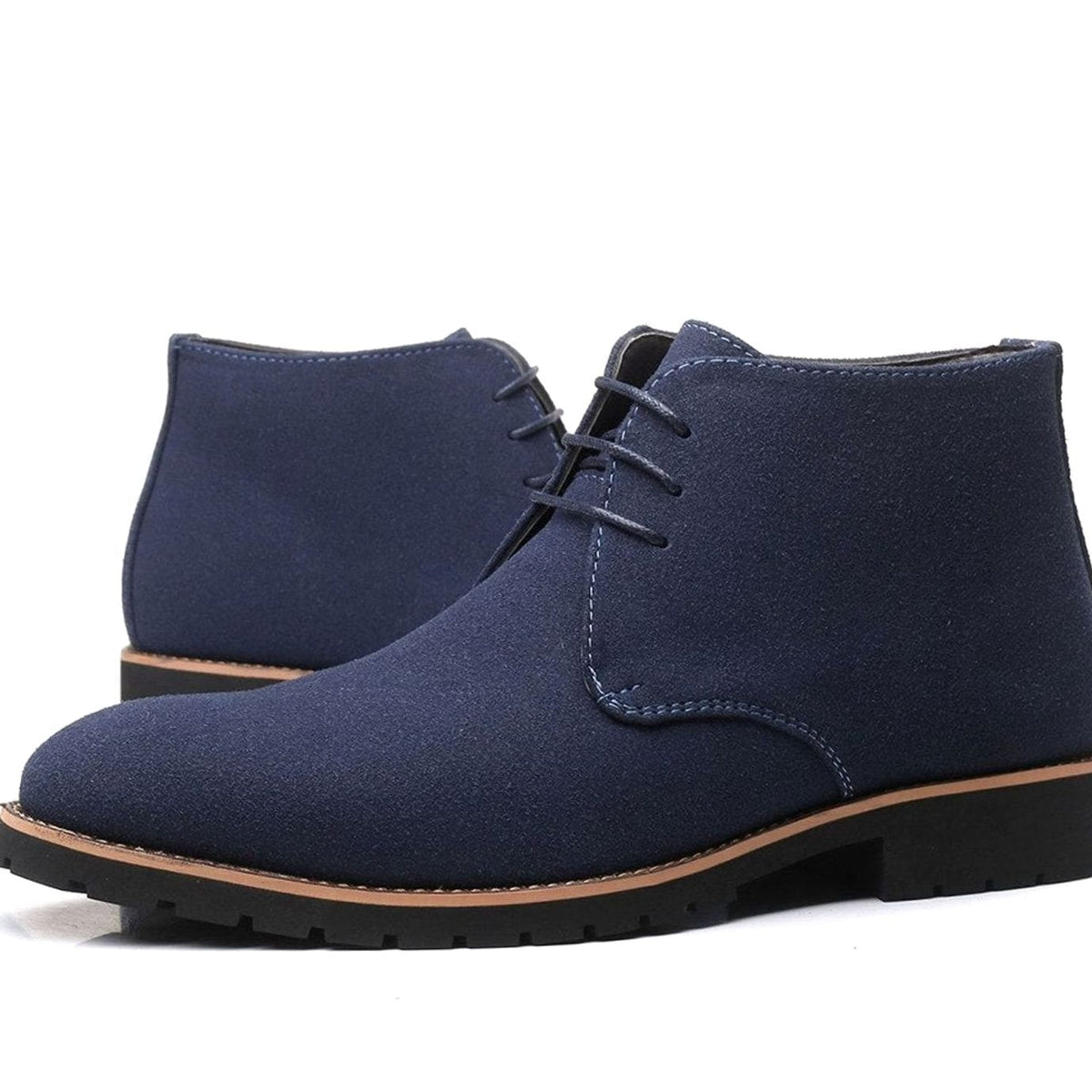 Side view of men's suede ankle boots with sturdy soles