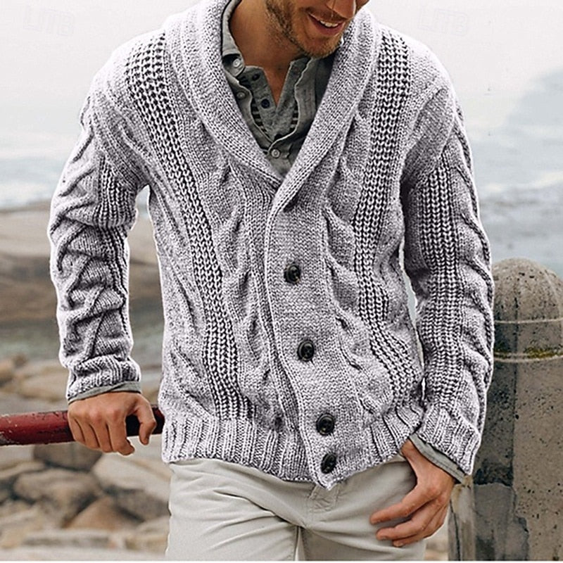 Close-up of the cardigan's chunky cable knit texture