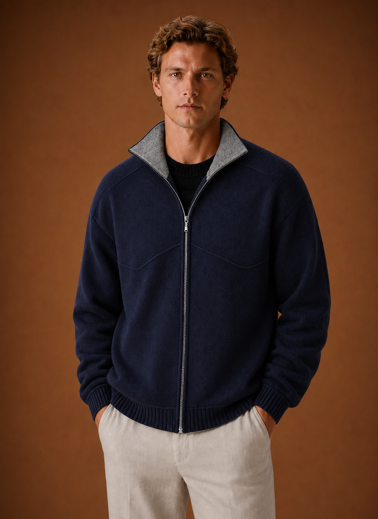 Men's full-zip knit cardigan jacket shown from the front
