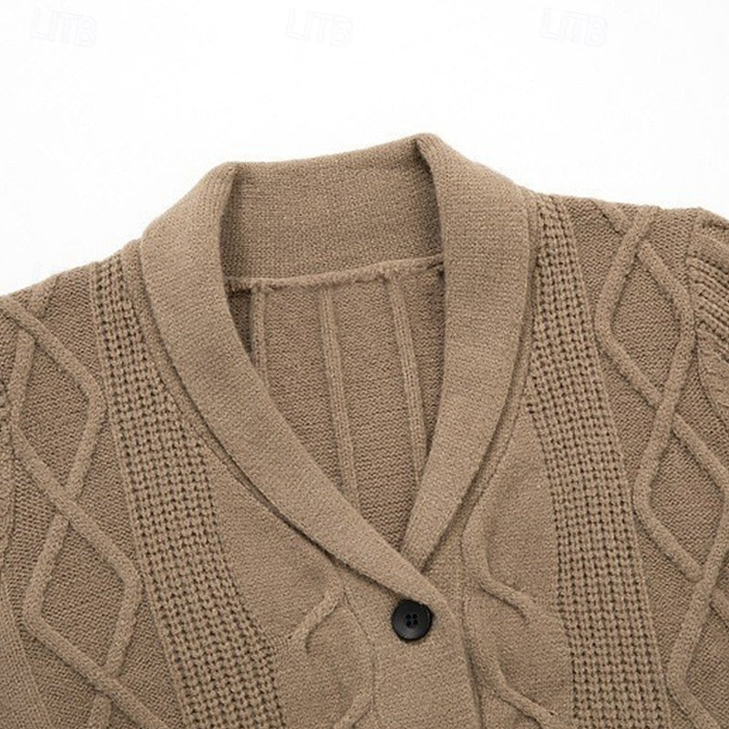 Back view of a men's chunky cable knit cardigan