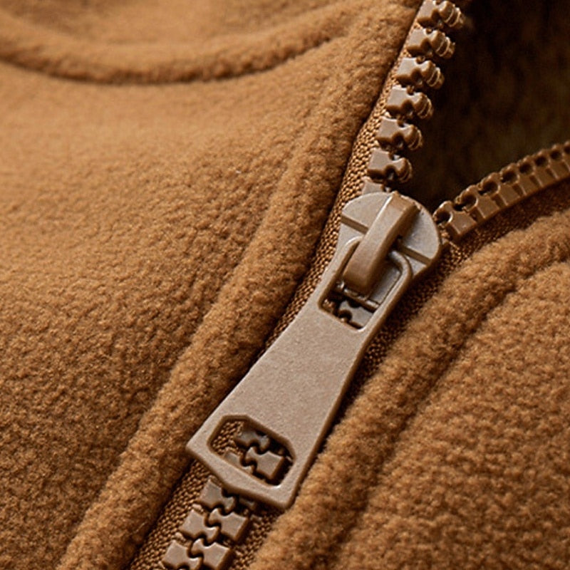 Side view of a plush lined hooded jacket for men