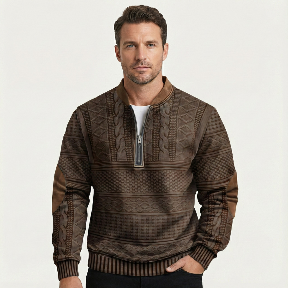 Close-up of the cardigan’s front buttons and ribbed trim