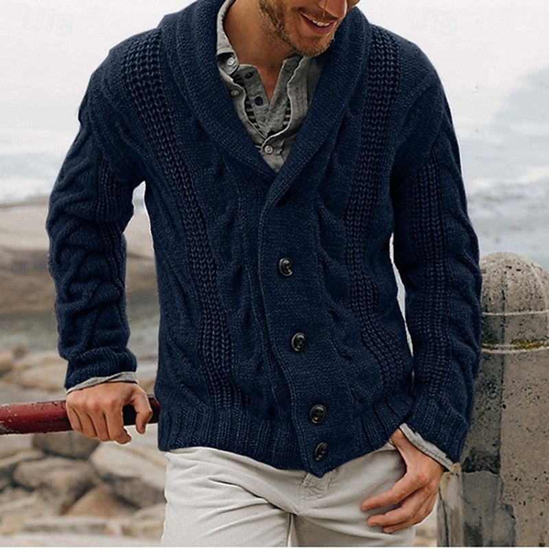 Men's Chunky Cable Knit Shawl Collar Cardigan