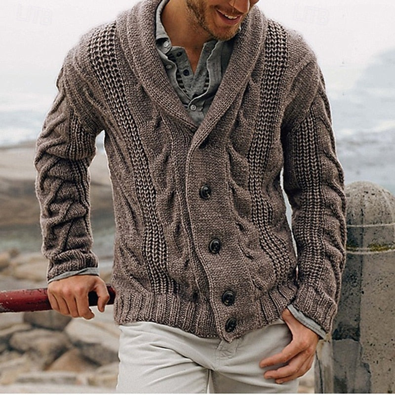 Front view of a men's cable knit shawl collar cardigan